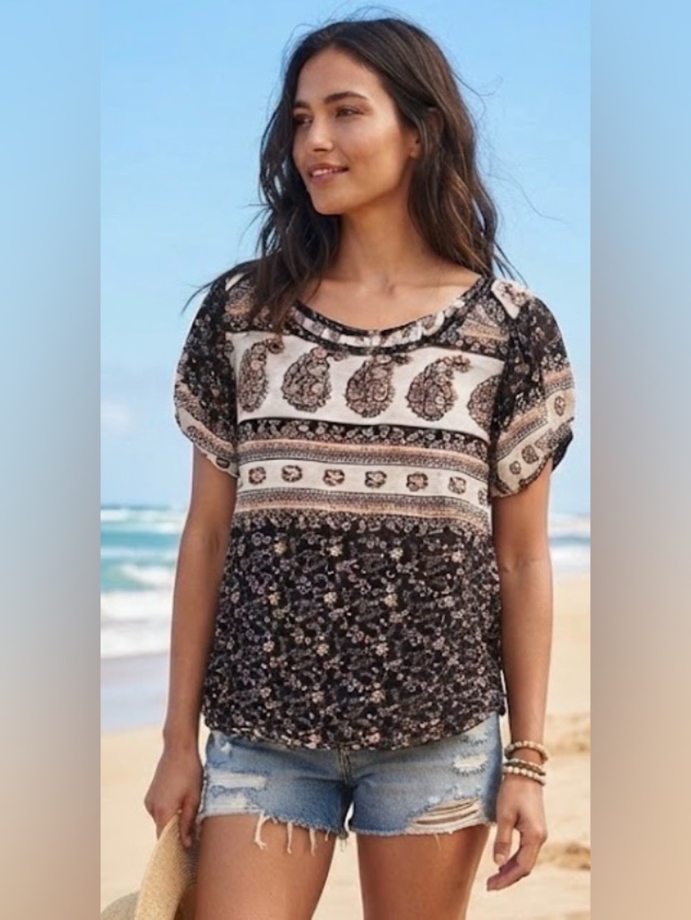Free People Black and Cream Paisley Mix Short Sleeve Top